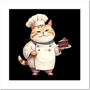 Whimsical Chef Cat with Tempting Cake Posters and Art